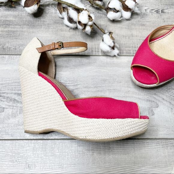 Splendid Shoes - Splendid Canvas Peep Toe Ankle Strap Espadrille Wedges Red Tan Size 10M